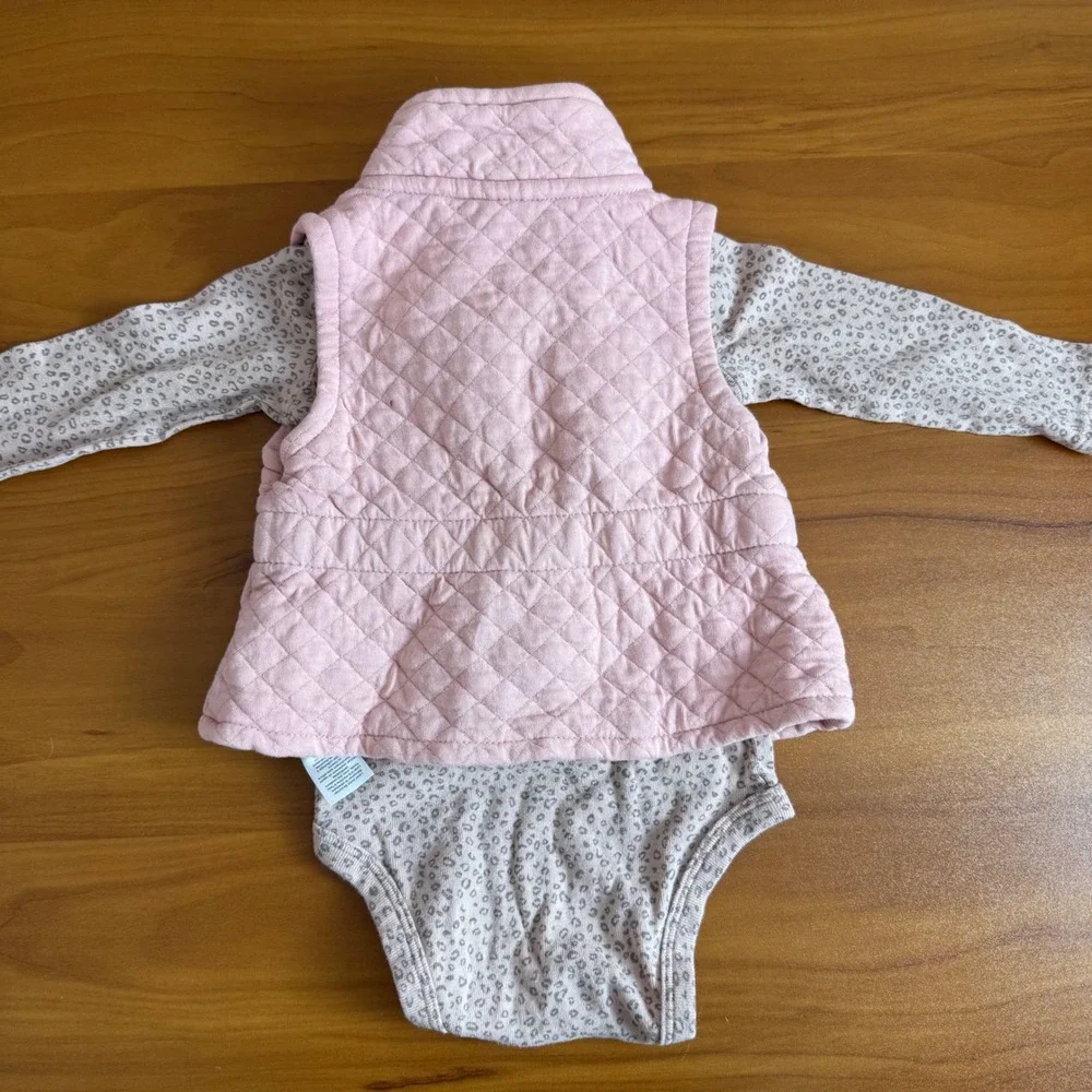 SALE Carter's Baby Girl Pink Quilted Vest‎ Leopard Print Bodysuit Set 9 Months